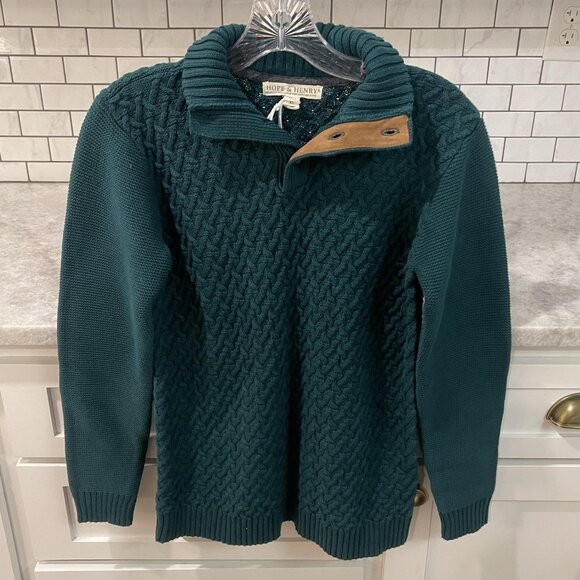 Hope & Henry Sweater Boys XL Green Organic Cotton Cable Knit Mockneck New Tags - Picture 2 of 7